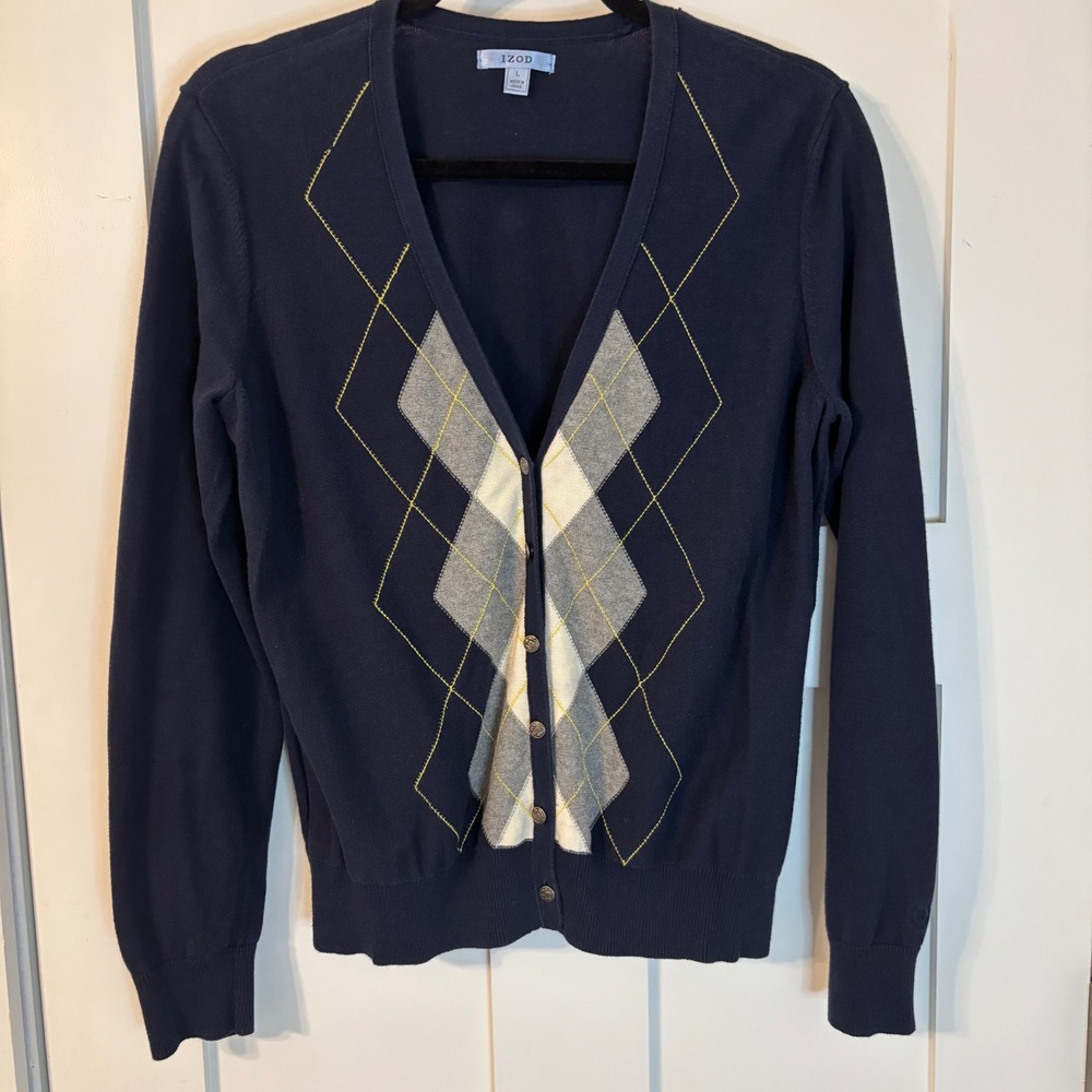 IZOD Navy Blue Argyle V-Neck Cardigan Cotton Knit Crest Button L Academia Preppy